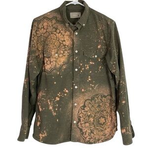 Upcycled Flannel Shirt Mens Size Medium Boho Stencil Bleached Handmade Green